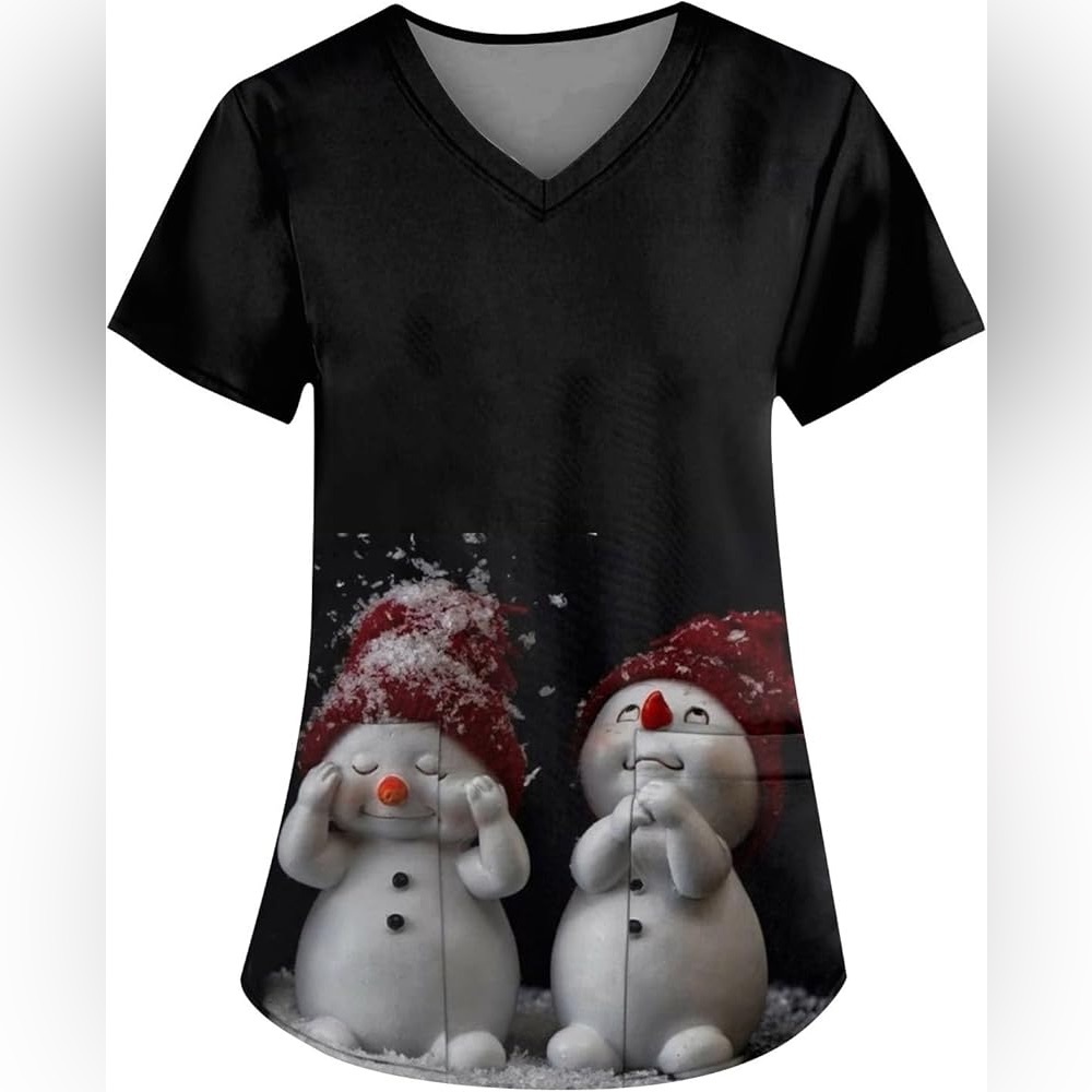 Christmas Women Scrub Tops V-Neck Short Sleeve Medical Scrub Tops